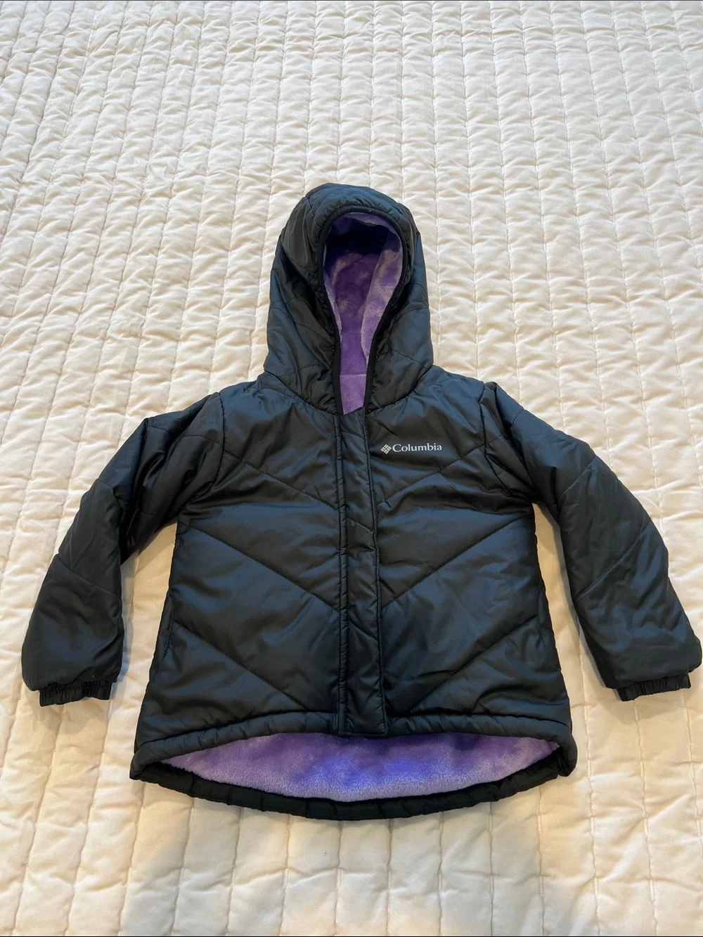 🪻 Columbia Kids Black Puffer (S)  with Purple Fleece Hood REVERSIBLE Jacket 🪻